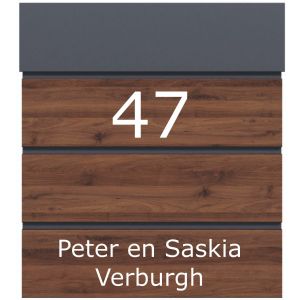 Brievenbus antraciet/houtlook met naam en huisnummer BR80 tekst wit